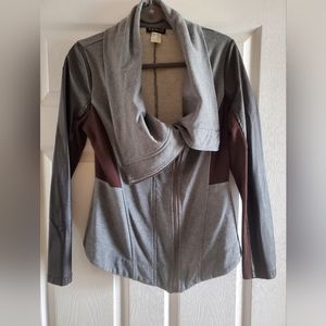 Gray and Black Zip Up, Cowneck Jacket with Leather Sleeves